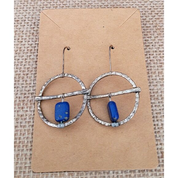 1-1/8" Round Dangle Earrings French Wire wrapped Lapis Rectangle Silver Alloy - Picture 3 of 3